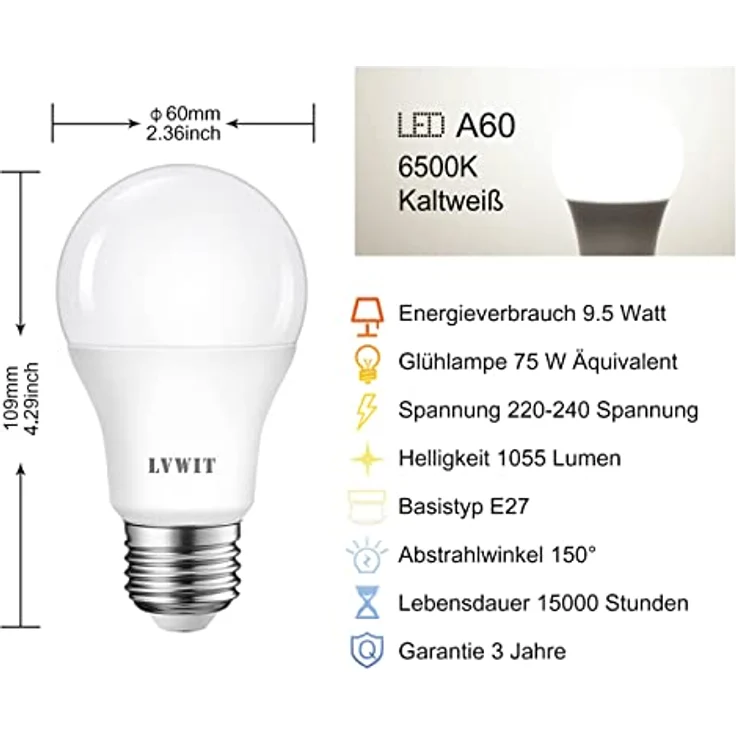 LVWIT LED E27 Birne, 75W Kaltweiß 6500K, ultrahell 1055 lm, matte LED Lampe (6er Pack) – Bild 4