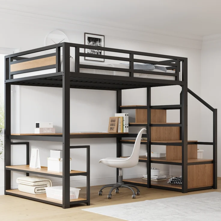 Metall-Hochbett mit Aufbewahrungsleiter,Regalen und Tisch Sicherheitszaun-Design mit gespleißten Metallplanken Hohes Eisenrahmenbett mit Metallrahmen für stabile Unterstützung,Metall,Schwarz,140 x 200 cm – Bild 3