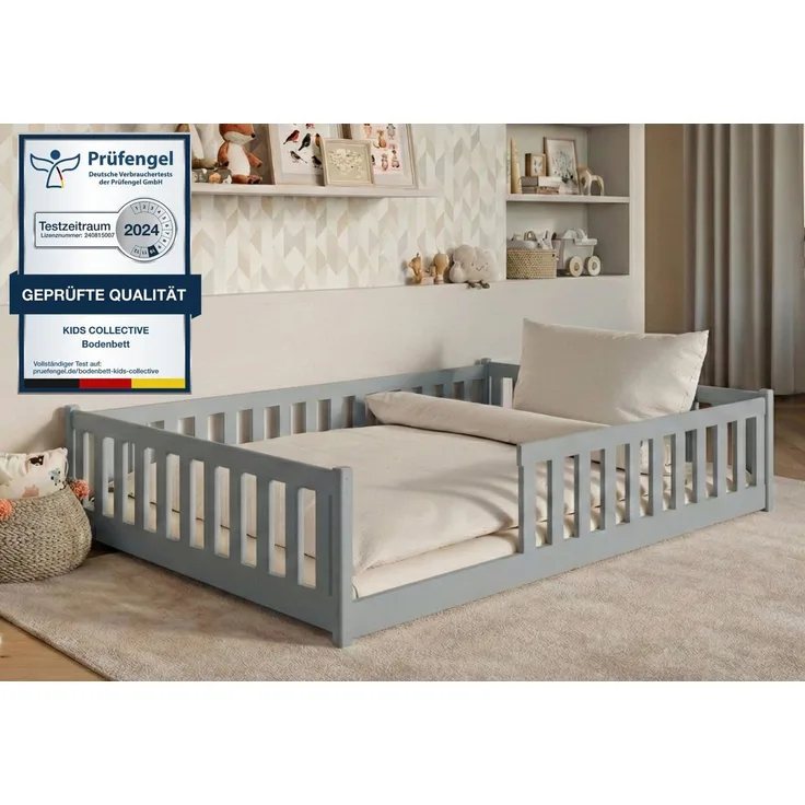 Kids Collective Kinderbett Bodenbett Bett mit Rausfallschutz & Lattenrost Montessori Bett Kinder (Jungen, Mädchen, Kinder, weitere Größen 80x160, 80x180, 90x190, 90x200, 120x200 cm), Jugendbett Gitterbett Einzelbett mit Matratze, Aschgrau 140x200 cm