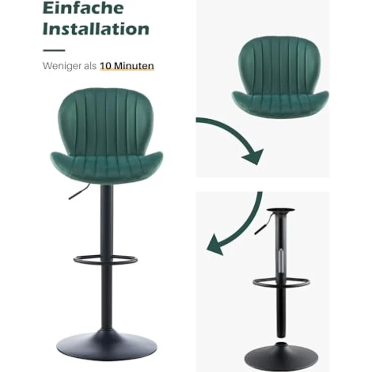 TUKAILAI Barhocker 2er Set aus Samt, Barstuhl Höhenverstellbar，360°Drehbar, Hocker mit lehne,fußstütze,metallrahmen, Gepolsterter Küchenhocker Tresenhocker, Bar Chair für Küche Bars, Grün – Bild 9