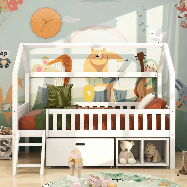 Merax Hausbett Kinderbett Jugendbett 200x90 Mit Schubladen und Ablagefächern Geeignet für Jungen und Mädchen Mit Anti-Drop-Geländer, Weiß (Ohne Matratze) – Bild 6