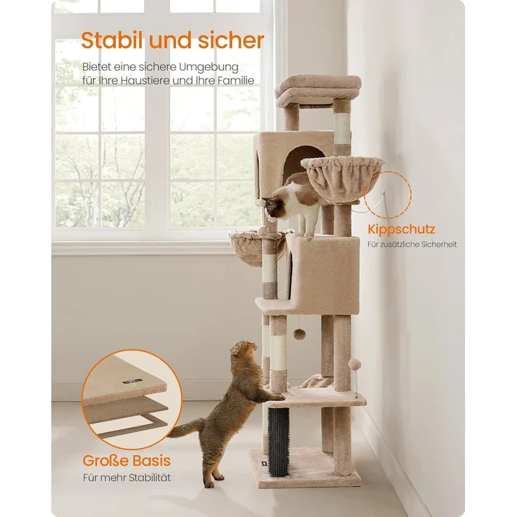 Feandrea Kratzbaum, 175 cm hoch, XL, mehrstöckiger Katzenbaum mit 2 Höhlen, 2 Liegemulden, 5 Kratzsäulen, Katzenbürste, große Plattform, Kamelbraun PCT182K01 – Bild 8