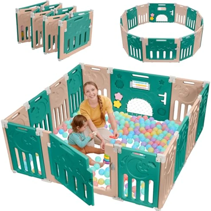Dripex Faltbarer Laufstall Baby 150×150cm, Laufgitter Baby, Baby Playpen, Baby Laufstall mit Spielzeugboard, Laufstall in Anpassungsfähiger Form, Laufgitter aus Kunststoff, Braun – Bild 2