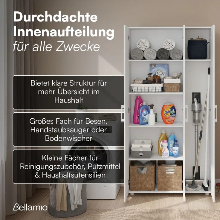Bellamio 'Apol' Mehrzweckschrank, weiß, 176x33x90 cm, Putzschrank mit 3 Türen und 5 Regalen, Besenschrank mit Staubsaugerfach – Bild 3
