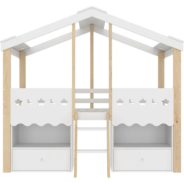 Bett in Hausform 90x200 cm mit LED-Beleuchtung und Schubladen – halbhohes Kinderbett aus Kiefernholz, Weiß/Natur – Bild 8