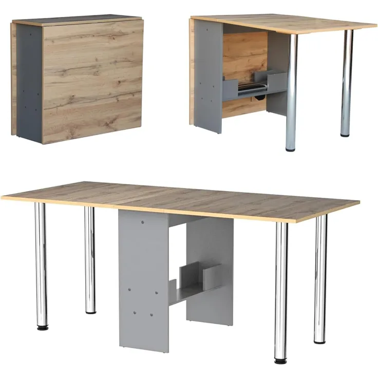 Rodnik Esstisch "Amelie", Eiche Anthrazit, Funktionstisch, Spanplatte, platzsparend, ausklappbar, 170cmx81cm