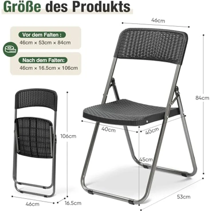 Sekey Rattan Gartenstuhl Klappbar 6er, Campingstuhl Faltbar 200KG, 46 x 53 x 84 cm, Klappstuhl Camping Balkon Garten, Gartenstühle Set Wasserdicht, Schwarz – Bild 4