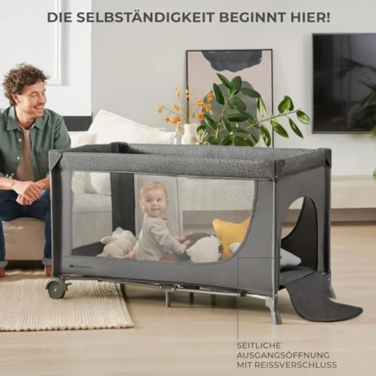 Kinderkraft Joy 2 Acc Kinderbett, 3 in 1 Kinderreisebett, Babybetten, Kinderbett, Reisebett, Modernes Design, Kleine Abmessungen nach Zusammenklappe, Praktisches Zubehör, Räder, Beige – Bild 8