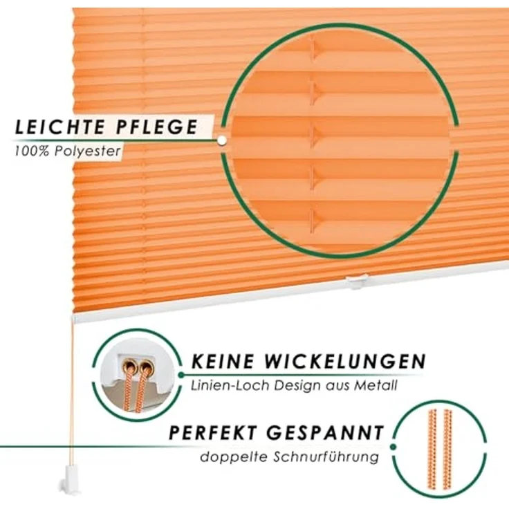 Allesin Plissee ohne Bohren Plissees Klemmfix Orange 40x130cm(BxH), Plisseerollo Faltrollo mit Klemmträger, Jalousie Rollos für Fenster und Tür, Sichtschutz und Sonnenschutz – Bild 2