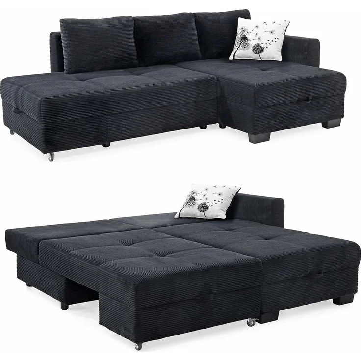 Ecksofa Schwenkfunktion Doppelbett Schlafcouch Bettkasten Cordbezug in Schwarz – Bild 1