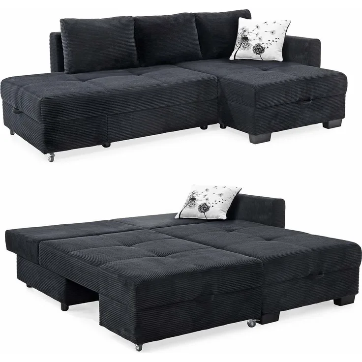 Ecksofa Schwenkfunktion Doppelbett Schlafcouch Bettkasten Cordbezug in Schwarz