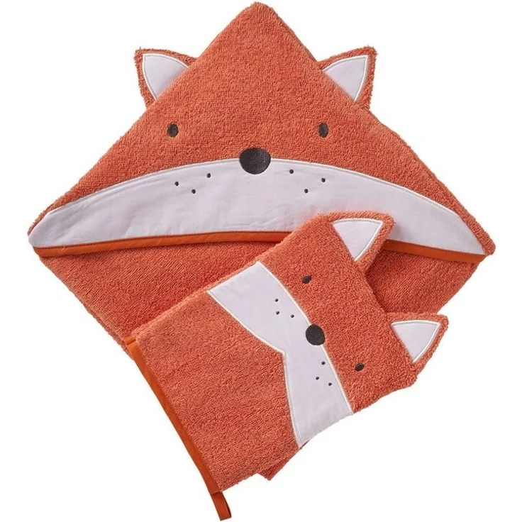 vertbaudet Kapuzenhandtuch Baby-Set: Badetuch und Waschhandschuh FUCHS – Bild 3