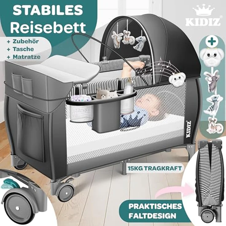 KIDIZ® Babybett Reisebett Kinderreisebett Faltbar mit Matratze 120x60, Seiteneingang, Wickelauflage, Mosktionetz, Spielbogen & Tragetasche Baby Beistellbett Kinderbett ab Geburt bis 15 kg Schwarz – Bild 5