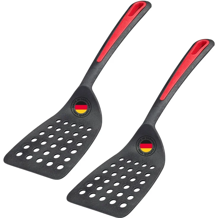 Westmark 2 Pfannenwender Gallant Plus – Hochhitzebeständig bis 270 °C/ 518 °F, Breite Auflagefläche und speziell abgeflachte Kante, Kunststoff – Schwarz/Rot, 293722E5