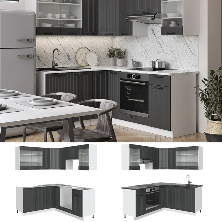 Eckküche Fame-Line Anthrazit Landhaus/Weiß 190 x 60 cm , AP Eiche Vicco – Bild 2