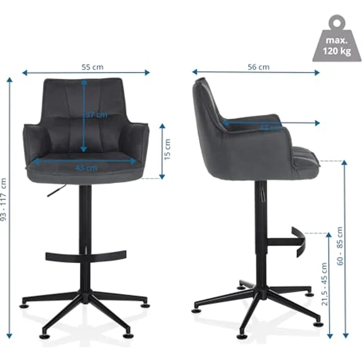 hjh LIVING Barhocker höhenverstellbar, Hocker mit Lehne SOLAO Life HIGH Stoff, drehbarer Tresenhocker mit Fußstütze und Armlehnen, Anthrazit – Bild 3
