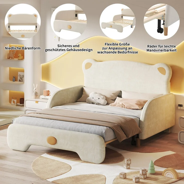 Polsterbett in Bärenform 140x200 cm, Kinderbett und Tagesbett mit Ausziehbett, weichen Schutzkanten und Samtbezug, Beige – Bild 5