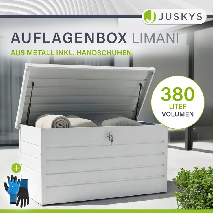 Juskys Metall Aufbewahrungsbox Limani 380 Liter - Outdoor Box - wasserdicht, abschließbar - Gartenbox, Auflagenbox, Kissenbox für Garten Weiß – Bild 2