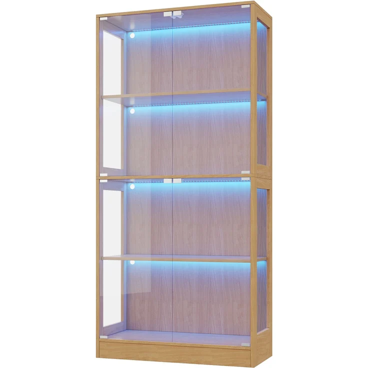 Flieks LED-Vitrinenschrank 80 x 35 x 170 cm mit 4 Glastüren, 4 Ablagen und App-Steuerung, Naturholzfarbe – Bild 7