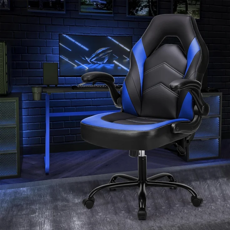 DUMOS Gaming Stuhl - Ergonomischer Gaming Sessel, Verstellbarer Drehbarer Gamingstuhl aus PU-Leder mit klappbaren Armlehnen, Geeignet für Zuhause, Büros usw(Schwarz-Blau) – Bild 2