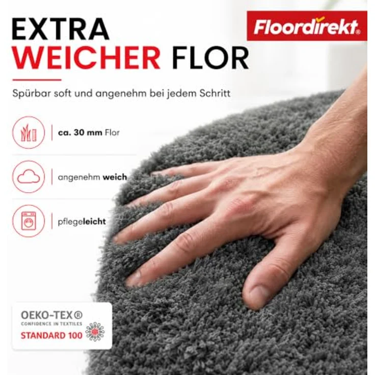 Floordirekt Badematte Sky, Hochflor Badezimmerteppich, rutschhemmend und schnell trocknend, geeignet für Fußbodenheizung, dunkelgrau, eckig und rund (50 x 60 cm) – Bild 2