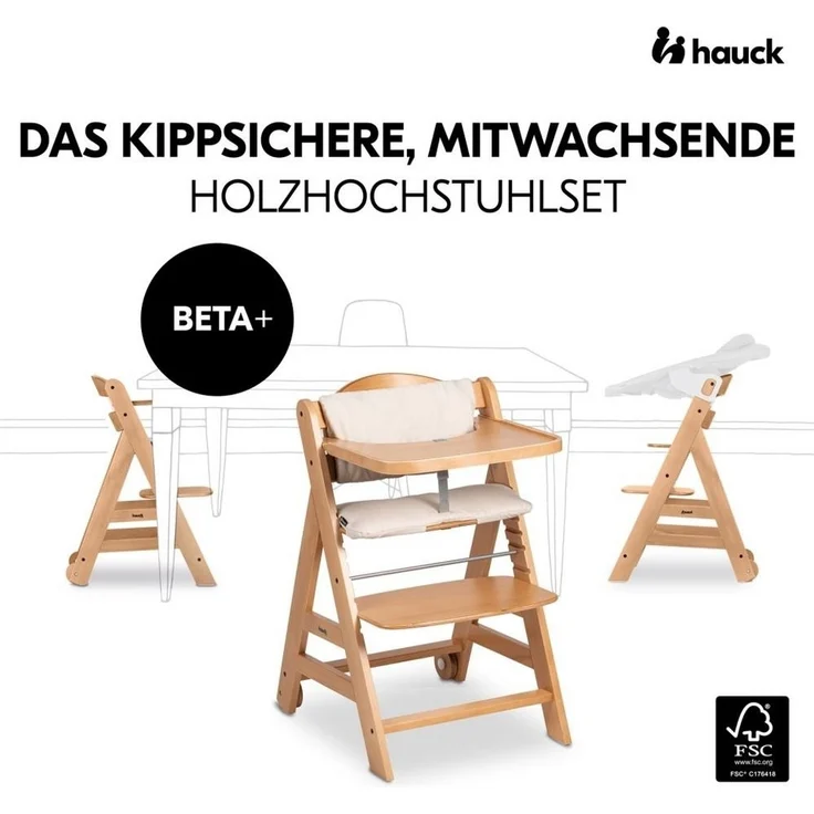 Hauck Hochstuhl Beta Plus Natural - Newborn Set, Babystuhl ab Geburt inkl. Aufsatz für Neugeborene, Tisch, Sitzauflage – Bild 2