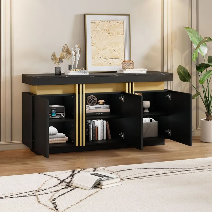 Sideboard 140 x 38 x 70 cm mit Marmoroptik, schwarzer Korpus und goldenen Akzenten, Anrichte mit 3 Türen und 6 Fächern