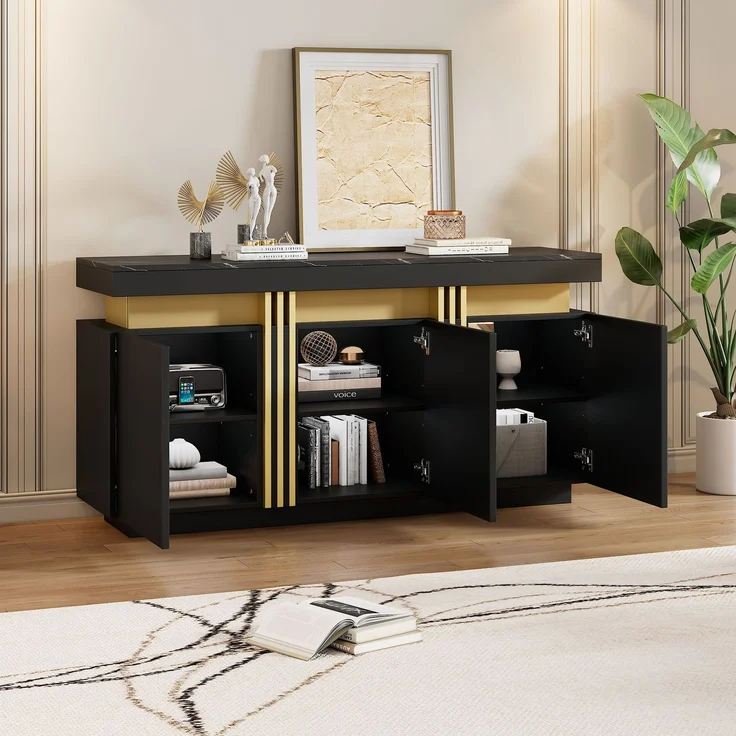 Sideboard 140 x 38 x 70 cm mit Marmoroptik, schwarzer Korpus und goldenen Akzenten, Anrichte mit 3 Türen und 6 Fächern – Bild 1