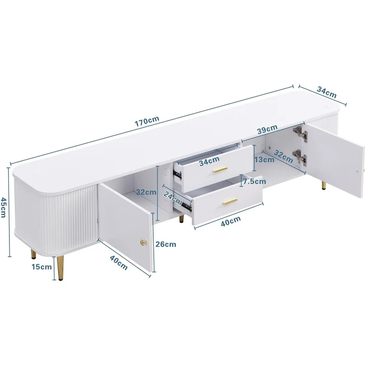 TV-Schrank Weiß mit Goldgriffen 170 x 34 x 45 cm Moderner Lowboard TV-Möbe,mit 2 Türen und 2 Schubladen – Bild 9