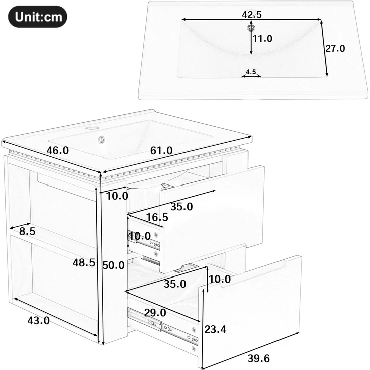 Flieks Waschtisch 61×46×48.5 cm, Wandhängender Badezimmerschrank mit LED, 2 Schubladen, seitliche Ablagen, integriertes Keramikbecken, weiß – Bild 4