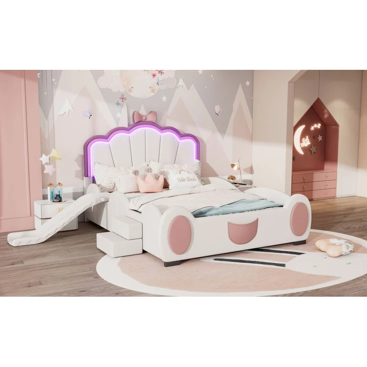 Merax 140*200cm Kinderbett Polsterbett, Schmetterlingsbett LED-Farbwechsellicht, Fernbedienung, ausgestattet mit Rutsche und Leiter, PU-Material, schöne Form, rosa + weiß – Bild 8