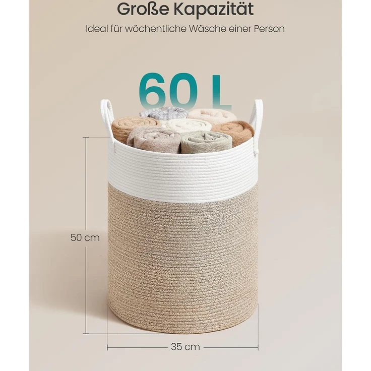 SONGMICS Wäschekorb, 60 L Wäschesammler für Kinder, Baumwollseil, mit Henkel, für Kinderzimmer, weiß-graubraun – Bild 5