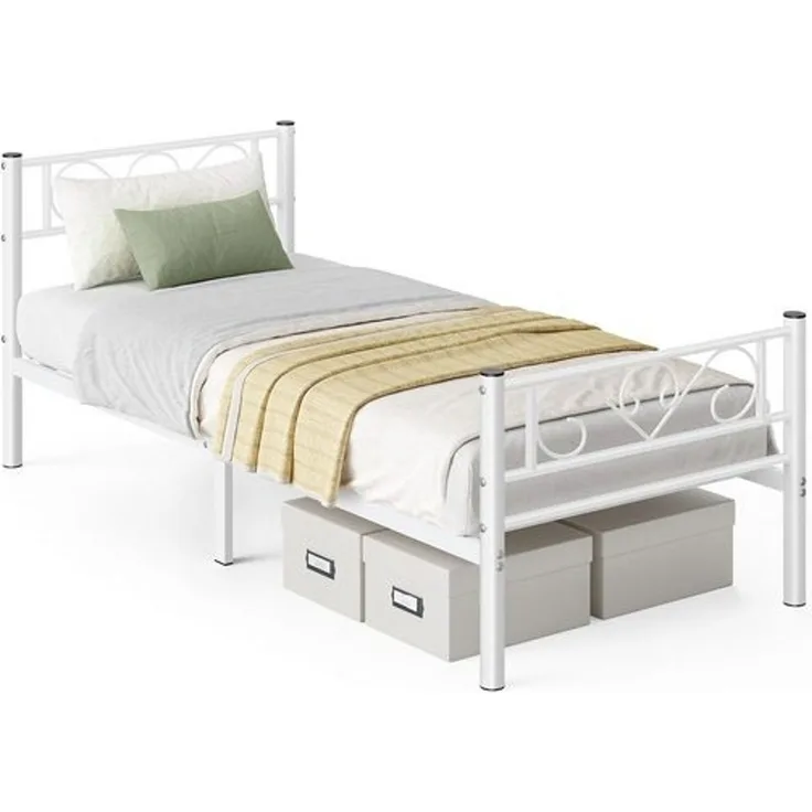 VASAGLE Bett 90 x 200 cm, Gästebett, Einzelbett aus Metall, Bettgestell, Bettrahmen, Metallbett, einfache Montage, Mattweiß