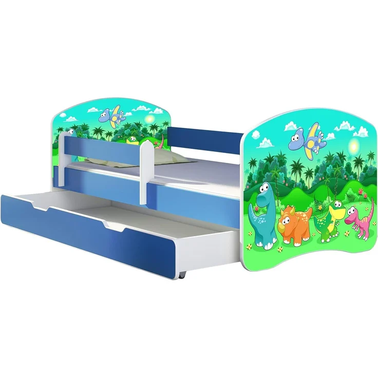 ACMA Kinderbett Jugendbett mit Einer Schublade und Matratze Blau mit Rausfallschutz Lattenrost II 140x70 160x80 180x80 (30 Dino, 160x80 + Bettkasten) – Bild 1