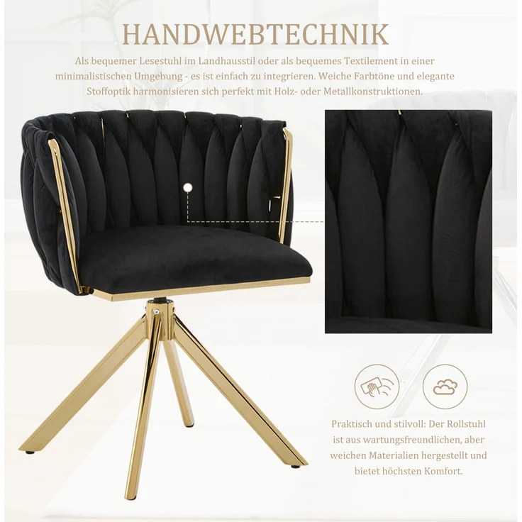 LVHOM Esszimmerstuhl 2er-Set, 180° drehbar mit runden Rückenlehne, Wohnzimmerstuhl aus Samt, bis 150 kg, für Homeoffice – Bild 5