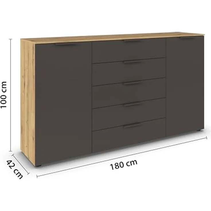 Rauch Möbel Flipp, Kommode für Schlafzimmer, Kinderzimmer, Wohnzimmer, Flur, Garderobe, 2-türig, 5 Schubladen, mit Softclose-Funktion, Farbe Eiche Artisan, Holz/Graphit, Schwarz, Breite 180 cm – Bild 4