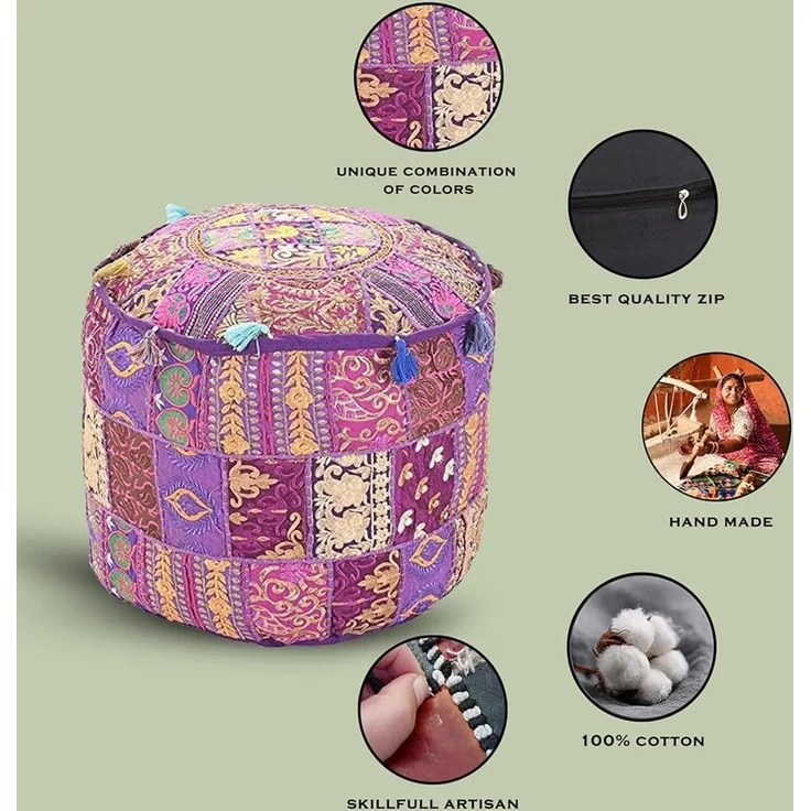 Aakriti Indian Pouf Fußhocker mit Stickerei Pouf, indische Baumwolle, Pouffe osmanischen Pouf Cover mit ethnischem Dekor Kunst - Cover (Purple, 46x33 cms) – Bild 4