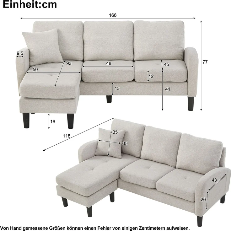 EINHOM L-förmiges Ecksofa mit Chaiselongue – 3-Sitzer Sofa, 166 x 118 x 77 cm, Atmungsaktiver Baumwoll-Leinenstoff, Kunststoffbeine, Modulares Design, Ideal für Wohnzimmer, Apartments und Büros – Bild 2