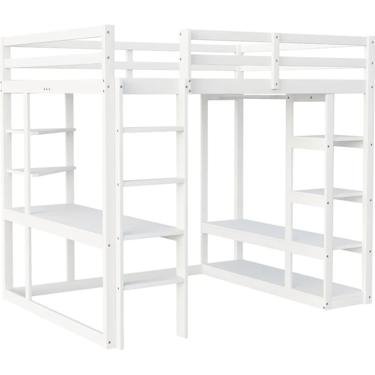 Hochbett 140x200 cm mit Schreibtisch und Stauraum,Kinder- & Jugendbett aus Massivholz,Leiter & Regale,Weiß – Bild 7