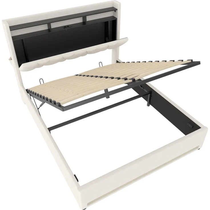 Polsterbett, Samt mit LED & Stauraum-Kopfteil, 140x200 cm, Beige, ohne Matratze – Bild 6