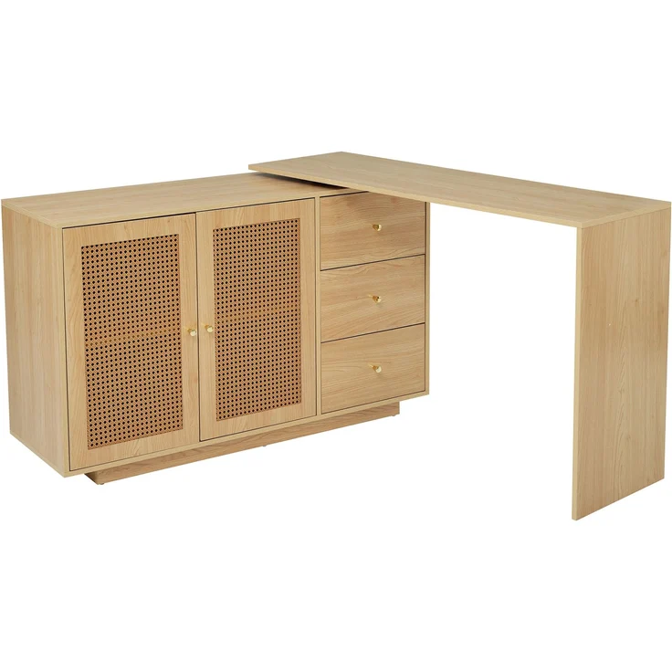 Schreibtisch mit 360°-Schwenkfunktion, MDF in Naturholzfarbe mit Rattan-Optik und Stauraum,75x126x40 cm – Bild 6