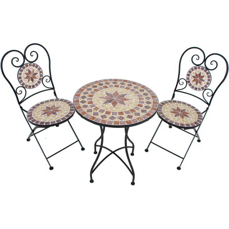 Balkonmöbel-Set ROBERT 3tlg. Mosaik - Eisen, Beige | Balkon-Set Gartenmöbel-Set Sitzgruppe für Balkon Balkonstuhl Balkontisch