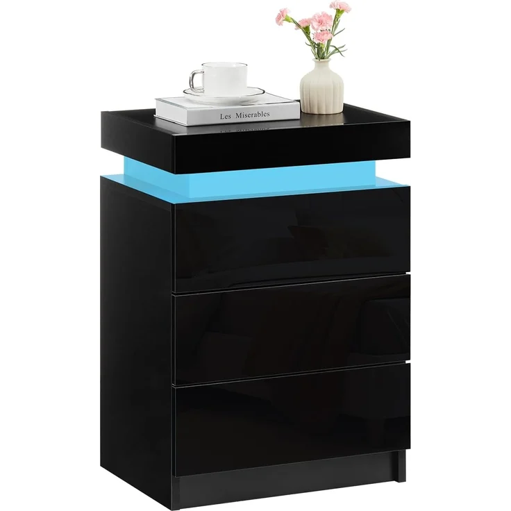 TUKAILAI Nachttisch Schwarz Hochglanz mit LED, Moderner Nachtschrank mit 3 Schubladen, 45 x 35 x 67.5 cm für Schlafzimmer, Home Office – Bild 1