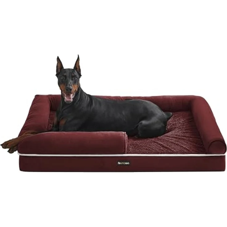 Feandrea Orthopädisches Hundebett, weiche Polsterung, erhöhte Ränder, Bezug abnehmbar und waschbar, rutschfeste Unterseite, beerenrot, 120 x 85 x 20 cm – Bild 1