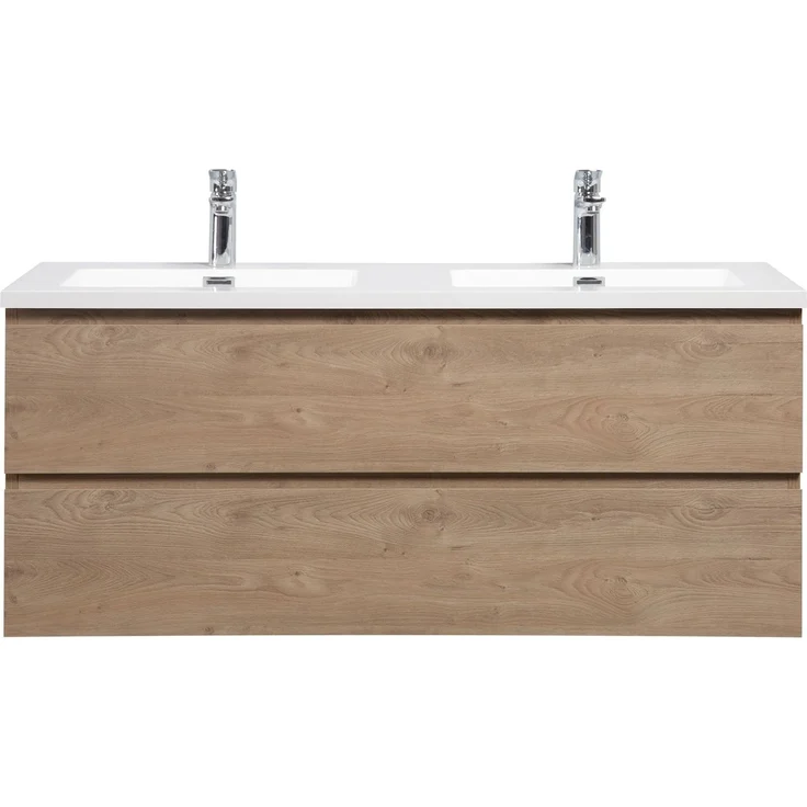 Badplaats Badmöbel Set mit Waschbecken und Unterschrank Angela 120 x 48 cm Kastanien Eiche - Waschbeckenunterschrank mit Soft-Close und Doppelwaschbecken, Vorgemontiert – Bild 4