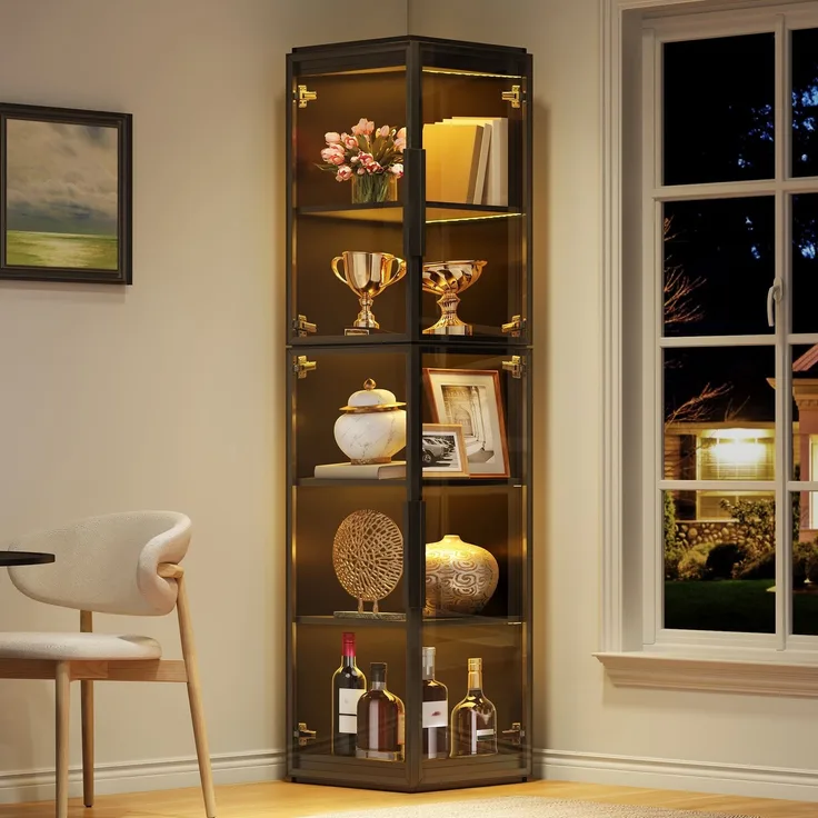 ZUBALIYA 170 cm hohe, schmale vitrine mit fünf Einlegeböden und LED-Beleuchtung – transparente, freistehende Acrylvitrine mit Doppeltüren für Rundumsicht, geeignet für die Präsentation in Wohn- und Essbere ,Schwarz