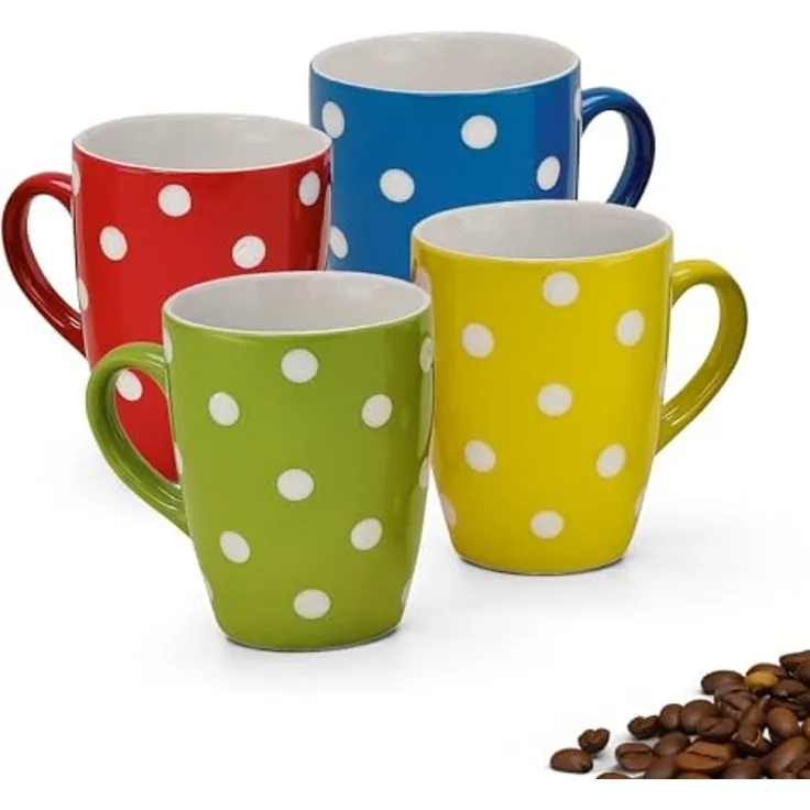 matches21 HOME & HOBBY Tasse Schönes Kaffeetassen 4er Set Keramik 250 ml, einfarbig gepunktet, 4-tlg, Keramik, Klassische Kaffee-Becher in blau rot gelb grün auch aus Teetassen