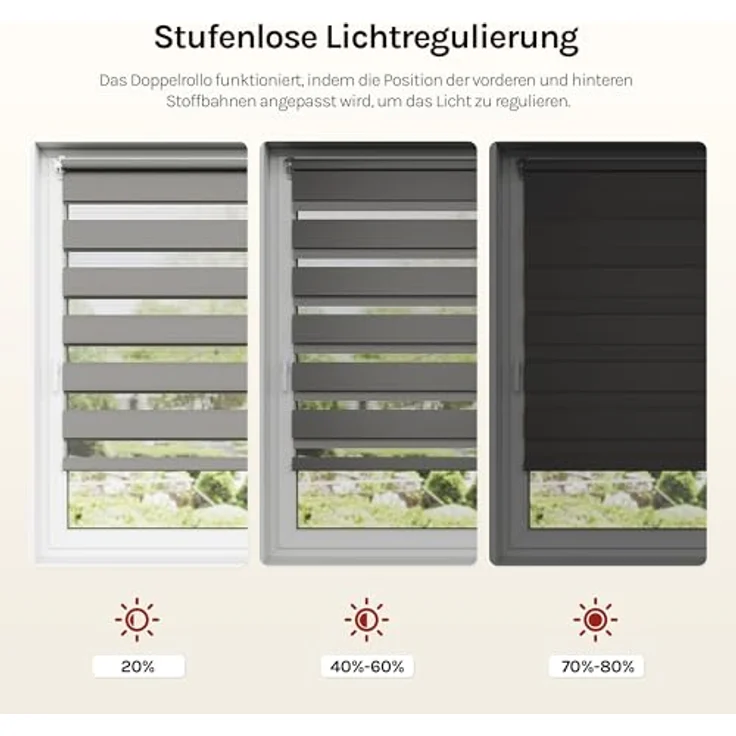 WOLTU Doppelrollo Klemmfix ohne Bohren Holzlook Grau B70 x H150 cm, Duo Rollo lichtdurchlässig Fensterrollo für innen verdunkelnd, Zebrarollo mit Kettenzug - Seitenzugrollo für Fenster und Tür – Bild 3