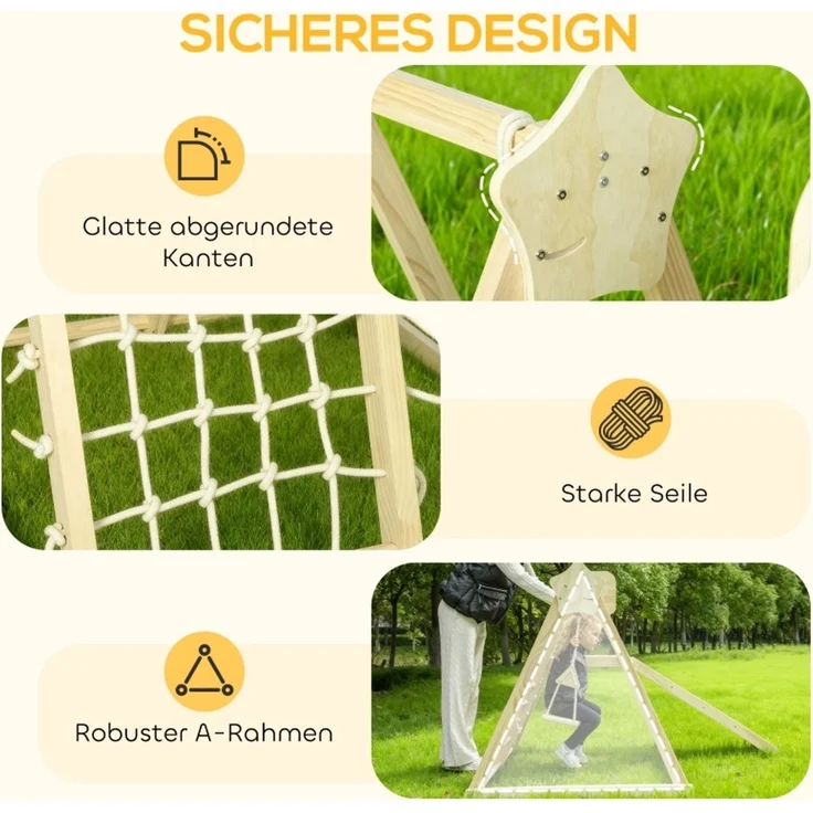 LVHOM Indoor Klettergerüst aus Massivholz, mit Kinderschaukel, Rutsche, Kletterwand & Basketballkorb, klappbar, Stabil bis 50kg, Natur – Bild 5