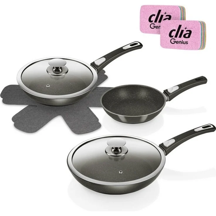 Genius Pfannen-Set Bonafit Ø 20, 24, 28 cm, inkl. Rainbow Schwämme, Set 9-tlg, Edelstahl 18/10 (Set, 9-tlg, Bonafit - Pfannen 20cm, 24cm, 28cm, 2x Deckel, 2x Einleger, 2x Schwamm), abnehmbarer Griff, hitzebeständig, spülmaschinengeeignet – Bild 4